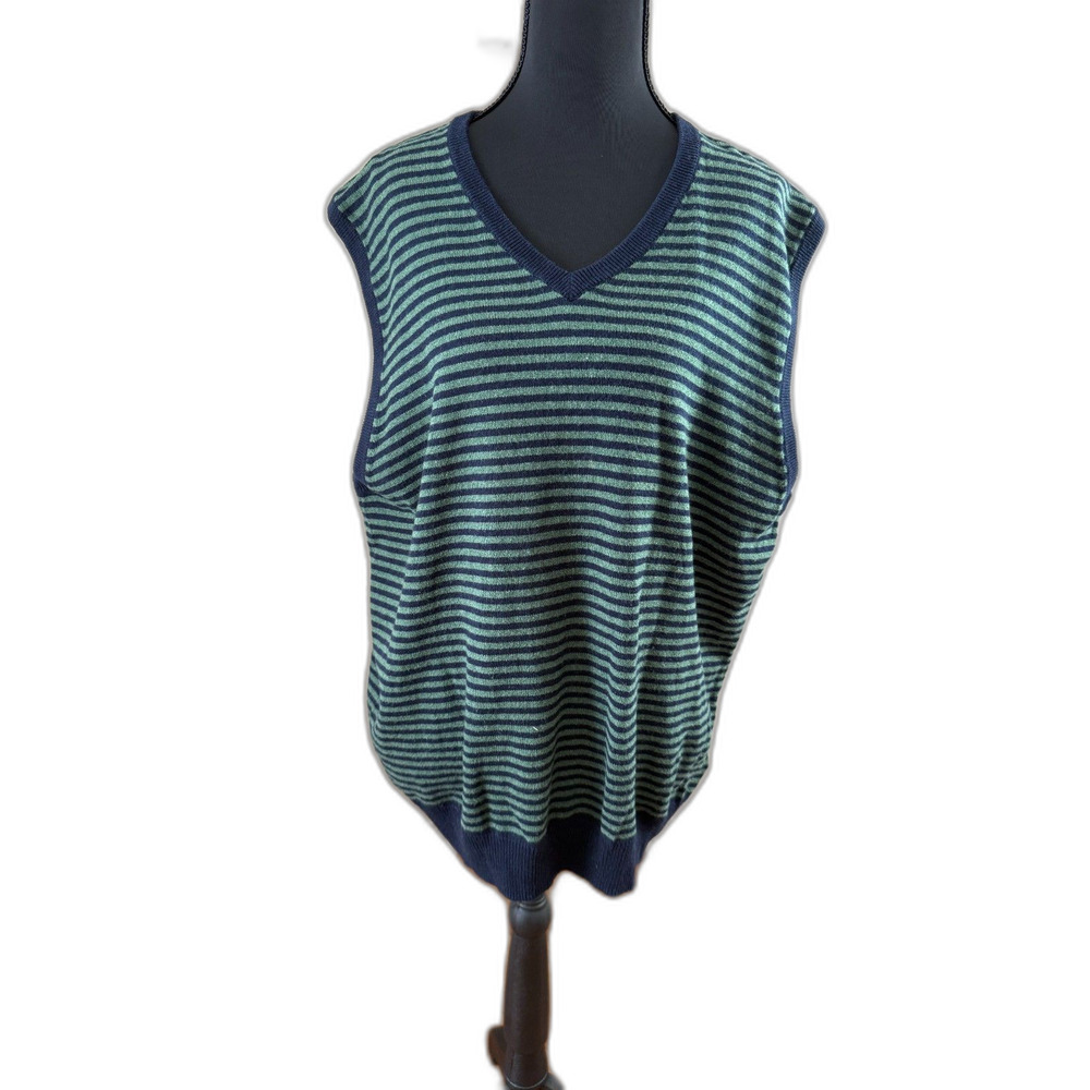 Men's Women's Unisex Large Green Striped J. Crew Cotton Cashmere Sweater Vest